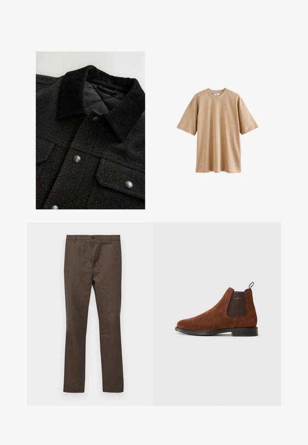 Juodas ir rudas zigzaginis raštas su pūkų apykakle, spaudėmis ir siūtu pamušalu. Audinys atrodo tekstūruotas.; Šviesiai ruda trumpomis rankovėmis paminkštinta medvilninė marškinėliai su apvaliu kaklu ir laisvu kirpimu, pasižymintys lygiu paviršiumi ir be raštų ar akcentų.; Rudos medvilnės kelnės su tiesiu siluetu, turi mygtukų užsegimą ir diržo kilpas, lygus paviršius be raštų ar akcentų.; Rudi suediniai Chelsea batai su elastine šonine juosta, kilpos juostele gale, juodu padu ir subtiliu „GANT“ logotipu šoninėje juostoje.