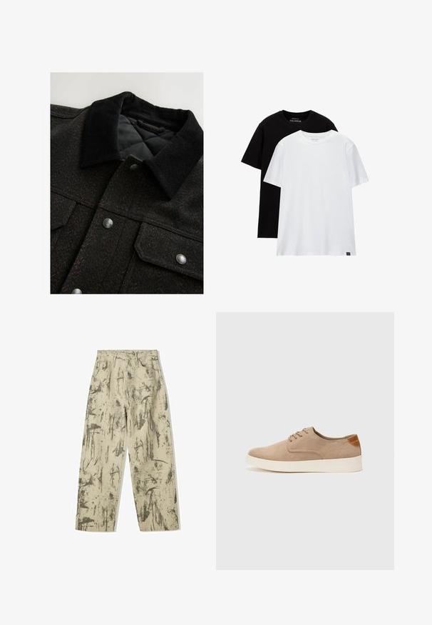 Sako s vzorem herringbone v černé a hnědé barvě, s šarmantním kordovým límcem, cvoky a prošívanou podšívkou. Tkanina vypadá strukturovaně.; Dvě trička s regular fit, jedno černé a jedno bílé, vyrobené z bavlny. Každé má kulatý výstřih a krátké rukávy. Jednoduchý design, bez vzorů.; Bershka BAGGY PRINTED - Volné džíny - evergreen; Béžové semišové tenisky s kulatou špičkou, šněrováním vpředu a texturovaným zadním akcentem. Bílá gumová podrážka poskytuje kontrast. Jednoduchý a moderní design.