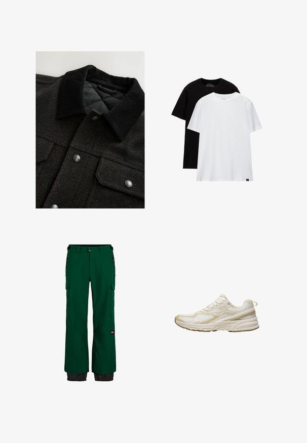 Black and brown herringbone-patterned jacket with a corduroy collar, snap buttons, and a quilted lining. Fabric appears textured.; Two regular fit t-shirts, one black and one white, made from cotton. Each has a crew neck and short sleeves. Simple design, no patterns.; Green waterproof snow pants with a cargo pocket, elastic cuffs, and contrasting black lower hem. Features zippers and durable fabric.; White athletic shoes made of mesh and synthetic material, featuring a rounded toe, cushioned sole, and beige accents on the sides.
