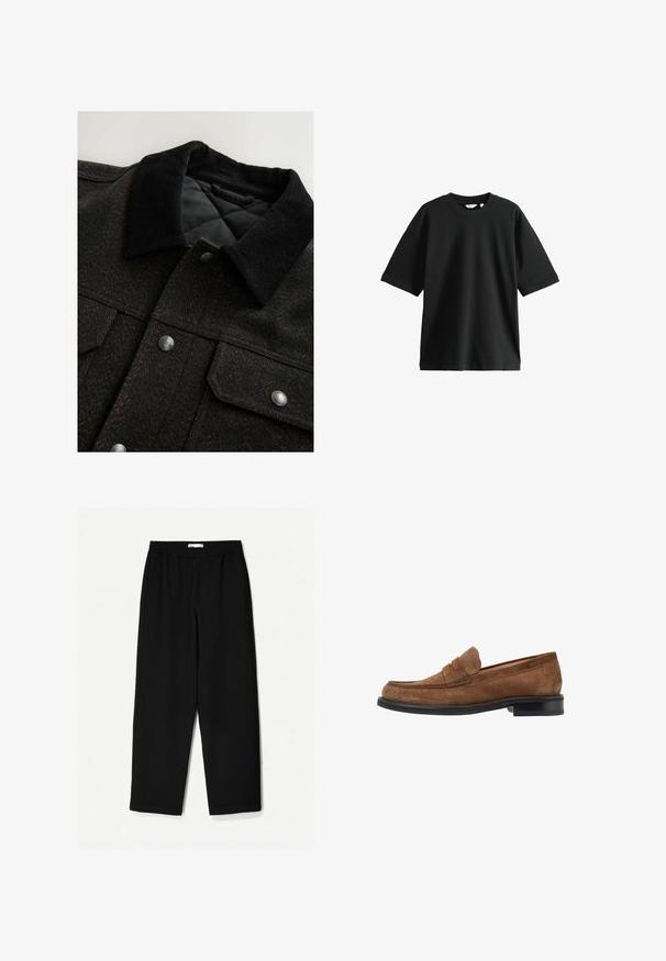 Fekete és barna hézagos mintájú zakó, kordbársony gallérral, patentgombokkal és steppelt béléssel. Az anyag texturált hatású.; Fekete, rövid ujjú pamut póló, kerek nyakkal és laza fazonnal, puha tapintással és minimális részletezéssel.; Fekete, bő szárú nadrág könnyű anyagból. Rugalmas derékrésszel és sima felülettel rendelkezik. Nincsenek látható minták vagy hardverelemek.; Barna velúr mokaszin, kerek orrformával, varrott díszítéssel a felső részen, és fekete gumitalppal. Minimális sárgaréz díszítések.