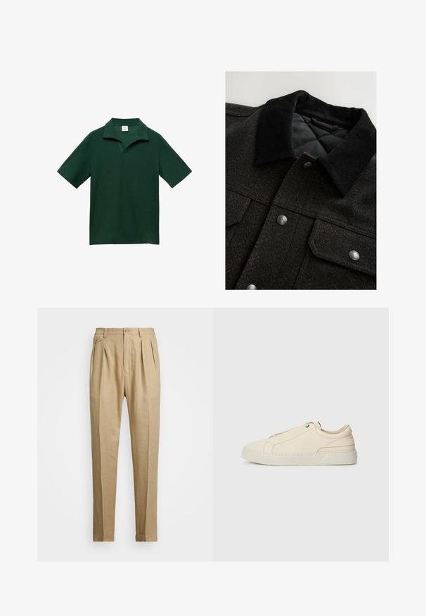 Svart och brun herringbone-mönstrad jacka med en kordflöjlskrage, tryckknappar och ett vadderat foder. Tyget verkar vara texturerat.; Grön kortärmad polo med en texturerad stickad tyg, med en spettskragen och en avslappnad passform. Inga synliga logotyper eller mönster.; Beiga linnbyxor med rak passform, med två framveck, knappstängning och sidofickor. Strukturerad tyg med en mjuk yta.; Beige lädersneaker med rund tå, minimalistisk design, subtila stygndetaljer och en texturerad ovandel, på en ljus sula.