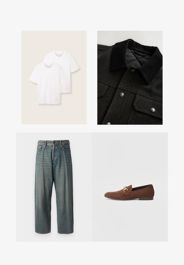 Juodas ir rudas zigzaginis raštas su pūkų apykakle, spaudėmis ir siūtu pamušalu. Audinys atrodo tekstūruotas.; Du du balti medvilniniai marškiniai trumpomis rankovėmis ir apvaliais iškirpimais, kuriuose yra subtilus logotipo detalė prie apatinio krašto.; Šviesiai mėlyni džinsai su laisvu siluetu, vidutinio aukščio juosmeniu ir tiesiomis kojomis. Su penkiais kišenėmis, diržo kilpo ir mygtukų uždarymu.; Rudoni sueded loafers su auksiniu akcentu, migdolo formos nosis ir žemas kulnas. Viršuje yra siuvinėjimo detalės.