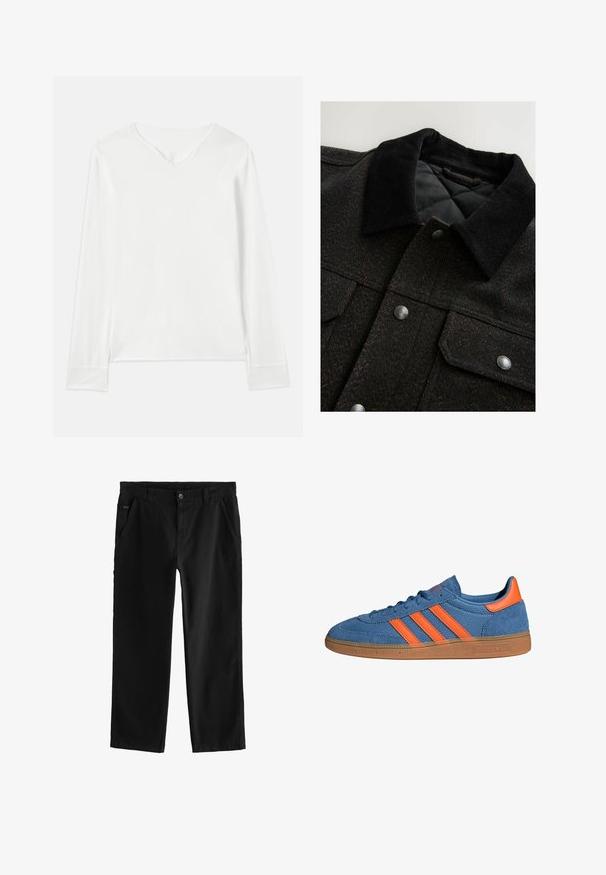 Black and brown herringbone-patterned jacket with a corduroy collar, snap buttons, and a quilted lining. Fabric appears textured.; Long-sleeve white top with a V-neckline, soft texture, and side slits. Features a simple design without embellishments or patterns.; Black cotton pants with a straight leg design, featuring a front button closure, angled side pockets, and subtle stitching details.; Blue fabric sneakers with orange accents and three stripes. Gum rubber sole, textured upper, and lace-up design.