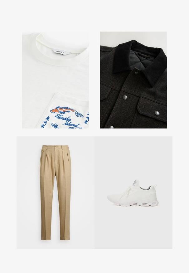 Svart och brun herringbone-mönstrad jacka med en kordflöjlskrage, tryckknappar och ett vadderat foder. Tyget verkar vara texturerat.; Vit T-shirt med rund nacke, prydd med en ficka som är broderad med färgglada koi-fiskar och texten "Honsky Island" i blått. Mjuk textur.; Beiga linnbyxor med rak passform, med två framveck, knappstängning och sidofickor. Strukturerad tyg med en mjuk yta.; Vitaidande sportskor i vitt med en texturerad stickad ovandel, platta snören och en vadderad sula med synliga luftkammare för extra stöd.