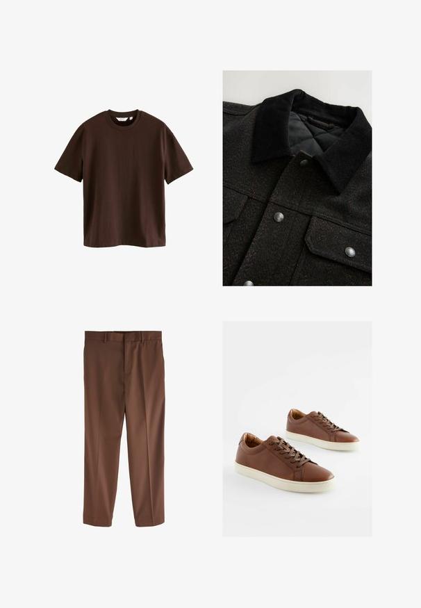 Sort og brun jakke i herringbone mønster med en kordfløjlskrave, trykknapper og en quiltet foring. Stof ser tekstureret ud.; Next HEAVYWEIGHT - T-shirts basic - mottled brown; Brune skræddersyede bukser med en glat tekstur, lige ben design, bæltestropper og en enkelt frontfold. Ingen synlige lommer eller accenter.; Brune lædersneakers med en glat overflade, hvide gummisåler og matchende brune snørebånd. Rundt tådesign med minimale syninger.