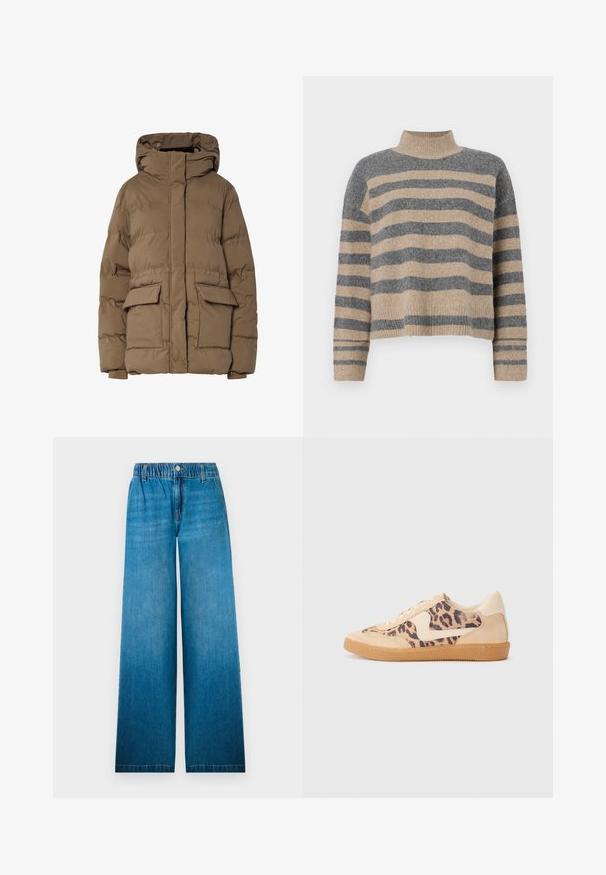 Brown puffer jacket with a hood, featuring a quilted design, two front pockets, and elastic cuffs. Made of insulated fabric, smooth texture.; Striped knit sweater featuring gray and beige colors, high neck, wide cuffed sleeves, and a relaxed fit with a cropped design.; Wide-leg jeans made of light blue denim, featuring an elastic waistband, a button closure, and a straight cut design with a faded effect.; Leopard print sneakers with beige suede upper, tan rubber sole, and white accents. Round toe and lace-up design with a textured finish.