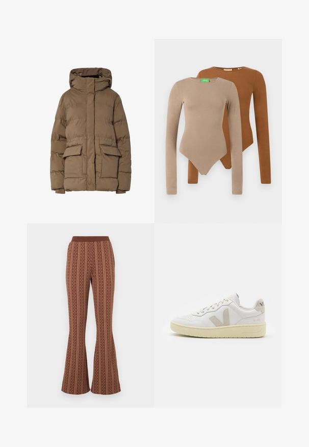 Braune Stepp-Steppjacke mit Kapuze, die ein gestepptes Design, zwei Fronttaschen und elastische Bündchen aufweist. Hergestellt aus isoliertem Stoff mit glatter Textur.; Zwei langärmlige, figurbetonte Bodysuits mit Rundhals, einer beige und einer braun, übereinander auf einem weißen Hintergrund präsentiert.; Braune Schlaghosen mit einem gemusterten Design, das vertikale Streifen und geometrische Formen enthält. Elastischer Bund, weiche Textur.; Weiße Ledersneaker mit beigen Wildlederakzenten, perforierte Zehenbox, flache Schnürsenkel und eine strukturierte cremefarbene Sohle. Mit dezentem Branding an der Ferse.