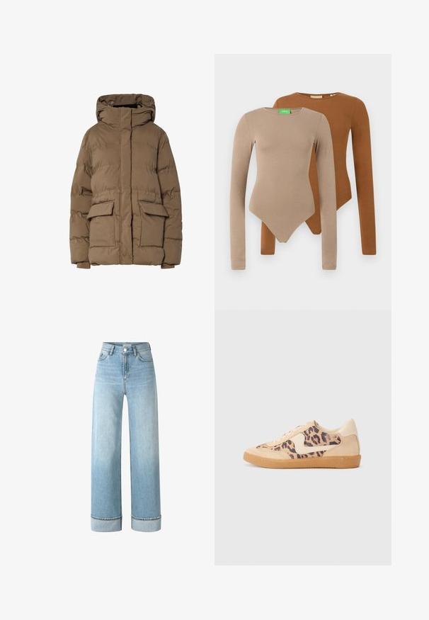 Pruun õhustatud jope kapuutsiga, tikandiga, kahe ees taskuga ja elastsete mansettidega. Valmistatud isoleeritud kangast, sileda tekstuuriga.; Kaks pikka varrukat sobituvat bodysuit'i ümarate kaelustega, üks beež ja teine pruun, esitletud valge taustaga kattuvana.; Soehuhhallihe sinised laiad püksid, valmistatud denimist, millel on kõrge vöökoht, keeratud servad ja kerge fade taskute lähedal.; Leopardi mustriga tossud, millel on beež sueded ülemine osa, pruuni kummist põhi ja valged aktsendid. Ümar nina ja lipsukujundus, millel on tekstureeritud viimistlus.