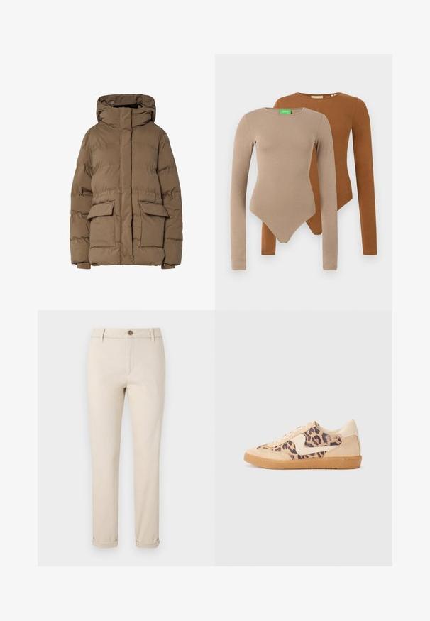 Geacă puf maro cu glugă, cu model matlasat, două buzunare frontale și manșete elastice. Confecționată din material izolat, cu textură fină.; Două bodysuit-uri lungi, ajustate, cu gât rotund, unul bej și unul maro, expuse suprapus pe un fundal alb.; Pantaloni chino bej cu un design drept, fabricați din bumbac. Dispun de închidere cu button, buzunare frontale și manșete răsucite la glezne.; Tenisi cu imprimeu de leopard, cu partea superioară din suede bej, talpă din cauciuc maro și accente albe. Vârf rotund și design cu șireturi, cu un finisaj texturat.