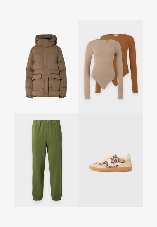 Brown puffer jacket with a hood, featuring a quilted design, two front pockets, and elastic cuffs. Made of insulated fabric, smooth texture.; Two long-sleeve fitted bodysuits with round necks, one beige and one brown, displayed overlapping on a white background.; Green sweatpants made of soft fabric. Elastic waistband and cuffs. Straight leg design with no patterns or visible hardware.; Leopard print sneakers with beige suede upper, tan rubber sole, and white accents. Round toe and lace-up design with a textured finish.