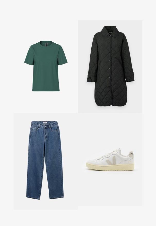 Črn prešite plašč s ovratnikom, zapiranjem na gumb in pasom; ima diamantni vzorec in podrobnosti na manšetah.; Kratkoproga majica iz temno zelene bombažne tkanine z okruglim izrezi. Enostaven, brez okrasnih elementov, in sproščen kroj. Mehak tekstura, brez vzorcev.; Klasične modre jeans hlače s ravnim krojem, petimi žepi in gumbom za zapiranje. Imajo srednje pranje in trdno teksturo.; Bela usnjena tenisača z bež semiš poudarki, perforiranim prednjim delom, ravnimi vezalkami in strukturiranim kremnim podplatom. Ima diskretno blagovno znamko na peti.