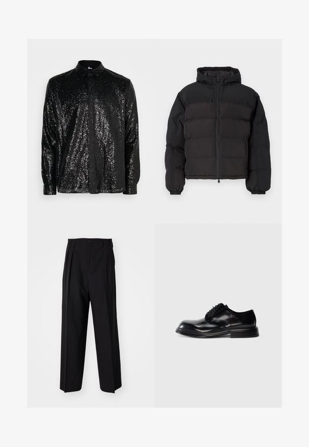 Mustapuffatakki, jossa on huppu, vetoketjusuljenta, joustavat hihansuut ja laatikomainen malli, jossa on vuorattu osioita eristykselle.; Musta nappikauluspaita, joka on peitetty paljeteilla ja jossa on terävä kaulus sekä pitkät hihat. Kankaan pinta on kiiltävä ja tekstuurinen.; Mustat laskostetut housut, joissa on suora, leveä lahje. Valmistettu sileästä kankaasta, jossa on nappisuljenta ja vyölenkit.; Mustat nahkakengät pyöreällä varpalla, sileällä pinnalla, nauhakiinnityksellä ja kerroskorkealla kannalla. Minimalistinen tyyli ilman näkyviä logoja.