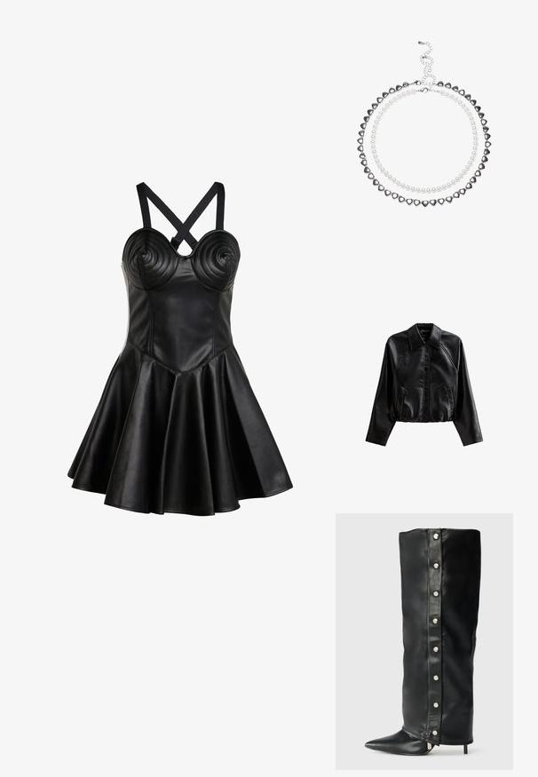 Chaqueta de cuero negra recortada con cuello de solapa, cierre de botón y bolsillos laterales. Presenta una textura suave y mangas raglán.; Vestido de cuero negro con un busto ajustado, detalles en espiral y una falda acampanada. Cuenta con tirantes cruzados ajustables y una textura suave.; Botas de cuero negro de tacón alto con un diseño ajustado, puntera afilada y acentos de botón de presión plateados a lo largo del costado.; Bolso de mano de charol negro con forma triangular, con cremallera superior y correa ajustable. Logo "KARL LAGERFELD JEANS" en plateado.; Collar de dos capas con cuentas en forma de corazón de plata y perlas blancas. Cierre de cadena ajustable para un ajuste seguro. Textura suave y acabado brillante.