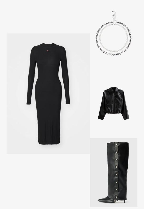 Veste en cuir noire courte avec un col, fermeture à boutons et poches latérales. Elle présente une texture lisse et des manches raglan.; Robe noire à manches longues en tissu côtelé, dotée d'un col montant et d'une silhouette ajustée qui descend jusqu'au mollet.; Bottes noires en cuir à talons hauts présentant un design ajusté, un bout pointu et des accents de boutons-pression en argent le long du côté.; Sac à main en cuir verni noir avec une forme triangulaire, doté d'une fermeture éclair supérieure et d'une sangle ajustable. Logo "KARL LAGERFELD JEANS" en argent.; Collier à deux couches avec des perles en forme de cœur en argent et des perles blanches. Fermoir à chaîne ajustable pour un maintien sécurisé. Texture lisse et finition brillante.