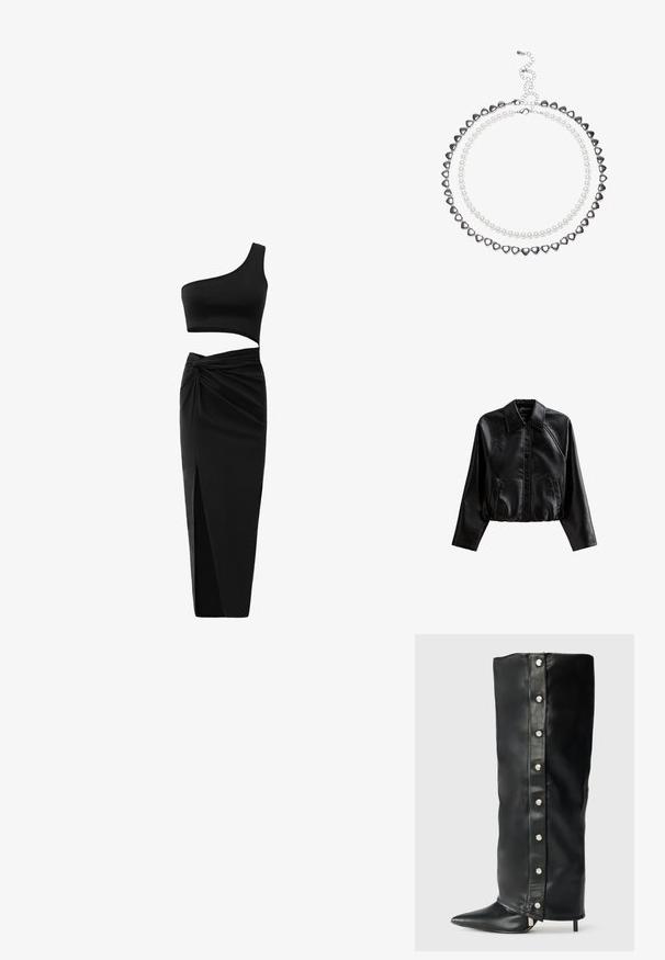 Zwarte cropped leren jas met een kraag, knoopsluiting en zijzakken. Heeft een gladde textuur en raglanmouwen.; Zwart twee-delig outfit met een één-schouder crop top en hoge taille rok met een gedraaide detail en een zijsplit. Glad materiaal.; Zwarte leren hoge hakken laarzen met een nauwsluitend ontwerp, spitse neus en zilveren drukknoopaccenten langs de zijkant.; Zwarte gepatineerde leren handtas met een driehoekige vorm, voorzien van een bovenrits en een verstelbare schouderriem. Logo "KARL LAGERFELD JEANS" in zilver.; Twee-laags ketting met zilveren hartvormige kraaltjes en witte parels. Verstelbare kettinghaak voor een veilige pasvorm. Gladde textuur en glanzende afwerking.