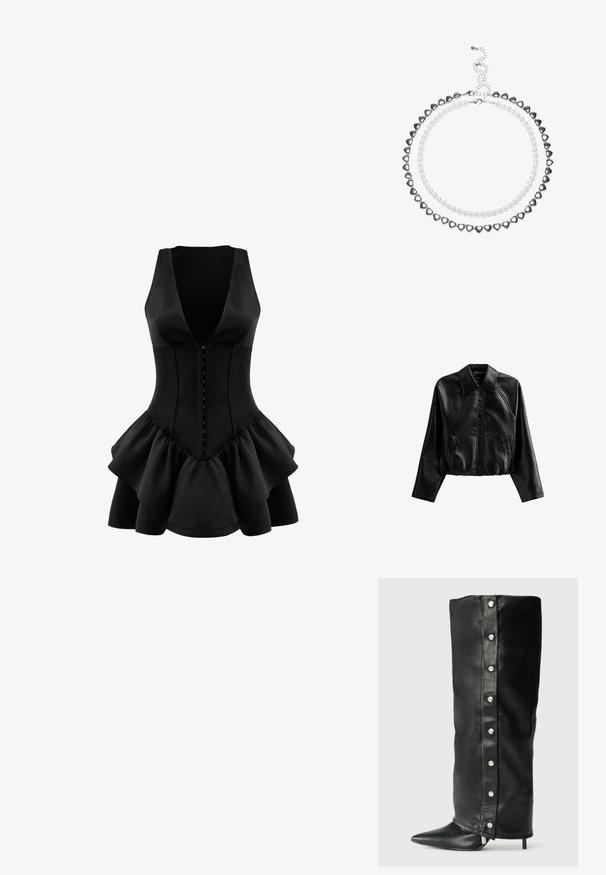 Svart kort läderjacka med krage, knäppning framtill och sidofickor. Har en slät yta och raglanärmar.; OW Collection AUGUSTA - Jerseyklänning - black; Svarta läderhögklackade stövlar med en åtsittande design, spetsig tå och silverfärgade tryckknappar längs sidan.; Svart lackläderhandväska med triangulär form, featuring en överstängning med dragkedja och justerbar rem. Logotyp "KARL LAGERFELD JEANS" i silver.; Tvålagershalsband med silverhjärtformade pärlor och vita pärlor. Justerbar kedjelås för säker passform. Slät textur och glänsande yta.