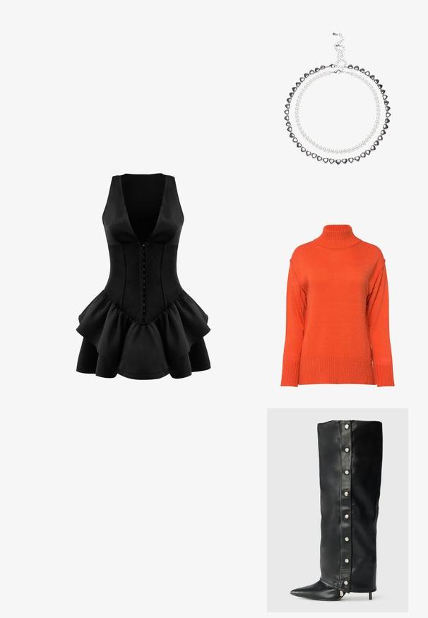 Czarna, krótka skórzana kurtka z kołnierzykiem, zapięciem na guziki i kieszeniami bocznymi. Charakteryzuje się gładką fakturą i rękawami raglanowymi.; Sweter z golfem w jaskrawym pomarańczowym kolorze, z prążkowaną strukturą, opadającymi ramionami oraz luźnym krojem i szerokimi mankietami.; OW Collection - Sukienka z dżerseju; Czarne skórzane kozaki na wysokim obcasie z dopasowanym krojem, spiczastym noskiem i srebrnymi zatrzaskami wzdłuż boku.; Czarna torebka z lakierowanej skóry o trójkątnym kształcie, z górnym zamkiem błyskawicznym i regulowanym paskiem. Logo "KARL LAGERFELD JEANS" w kolorze srebrnym.; Dwuwarstwowy naszyjnik z sercami w kształcie srebrnych koralików i białych pereł. Regulowane zapięcie łańcuszka zapewniające pewne dopasowanie. Gładka tekstura i błyszczące wykończenie.