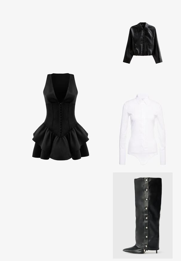 Czarna, krótka skórzana kurtka z kołnierzykiem, zapięciem na guziki i kieszeniami bocznymi. Charakteryzuje się gładką fakturą i rękawami raglanowymi.; Biała bodysuit z długim rękawem, z szpiczastym kołnierzem, z zapięciem na guziki z przodu oraz gładkiego, elastycznego materiału. Dopasowany krój, minimalistyczny design.; OW Collection - Sukienka z dżerseju; Czarne skórzane kozaki na wysokim obcasie z dopasowanym krojem, spiczastym noskiem i srebrnymi zatrzaskami wzdłuż boku.; Czarna torebka z lakierowanej skóry o trójkątnym kształcie, z górnym zamkiem błyskawicznym i regulowanym paskiem. Logo "KARL LAGERFELD JEANS" w kolorze srebrnym.