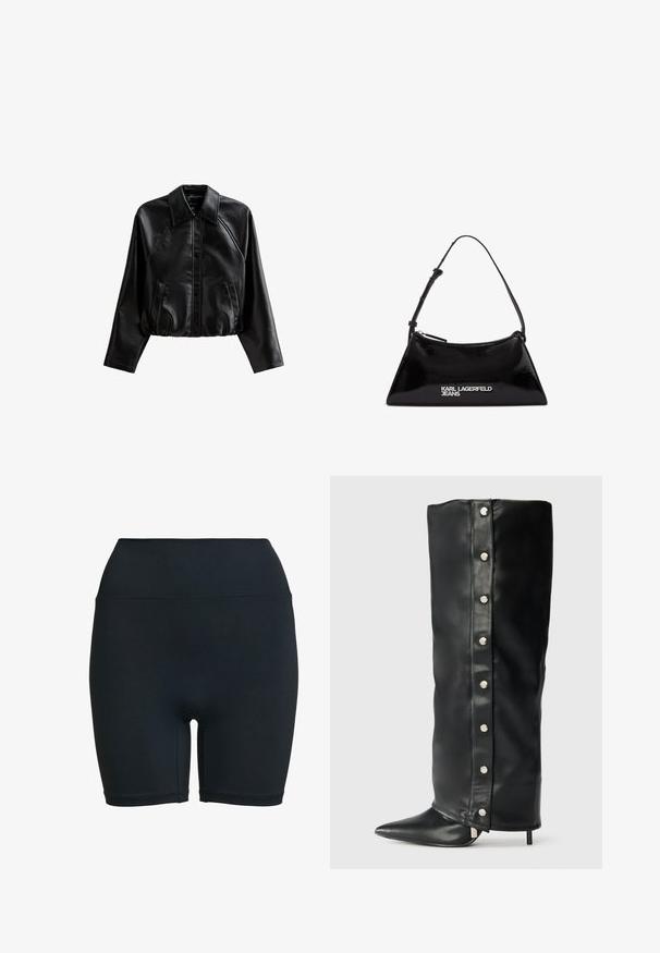 Giacca in pelle nera corta con colletto, chiusura con bottoni e tasche laterali. Presenta una superficie liscia e maniche raglan.; Top senza maniche di colore verde chiaro realizzato in tessuto morbido, con collo alto e silhouette aderente. Nessuna hardware o motivo visibile.; Shorts da ciclismo neri a vita alta realizzati in tessuto elasticizzato, con una trama liscia e senza motivi visibili o dettagli in metallo.; Stivali alti in pelle nera con tacco, caratterizzati da un design aderente, punta affusolata e dettagli con bottoni a pressione argentati lungo il lato.; Borsa a tracolla in pelle verniciata nera con forma triangolare, dotata di zip superiore e tracolla regolabile. Logo "KARL LAGERFELD JEANS" in argento.; Collana a due strati con perle a forma di cuore in argento e perle bianche. Chiusura a catena regolabile per una vestibilità sicura. Texture liscia e finitura lucida.