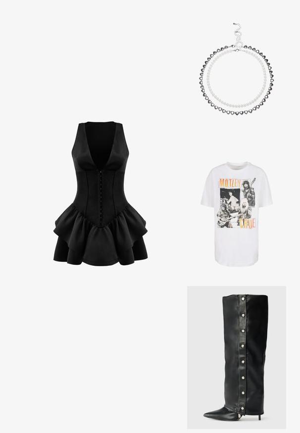 Giacca in pelle nera corta con colletto, chiusura con bottoni e tasche laterali. Presenta una superficie liscia e maniche raglan.; T-shirt bianco in cotone con un design vintage in bianco e nero che raffigura quattro musicisti e testo arancione con la scritta "MÖTLEY CRÜE". Vestibilità rilassata.; OW Collection AUGUSTA - Vestito di maglina - black; Stivali alti in pelle nera con tacco, caratterizzati da un design aderente, punta affusolata e dettagli con bottoni a pressione argentati lungo il lato.; Borsa a tracolla in pelle verniciata nera con forma triangolare, dotata di zip superiore e tracolla regolabile. Logo "KARL LAGERFELD JEANS" in argento.; Collana a due strati con perle a forma di cuore in argento e perle bianche. Chiusura a catena regolabile per una vestibilità sicura. Texture liscia e finitura lucida.