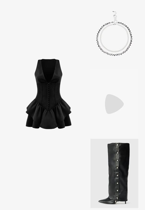 Zwarte cropped leren jas met een kraag, knoopsluiting en zijzakken. Heeft een gladde textuur en raglanmouwen.; Zwarte lange mouwen sportshirt van stof met het label "DRYTEC™." Het heeft een ronde hals, een zachte textuur en een logo op de linkerkant van de borst en de mouw.; OW Collection AUGUSTA - Jerseyjurk - black; Zwarte leren hoge hakken laarzen met een nauwsluitend ontwerp, spitse neus en zilveren drukknoopaccenten langs de zijkant.; Zwarte gepatineerde leren handtas met een driehoekige vorm, voorzien van een bovenrits en een verstelbare schouderriem. Logo "KARL LAGERFELD JEANS" in zilver.; Twee-laags ketting met zilveren hartvormige kraaltjes en witte parels. Verstelbare kettinghaak voor een veilige pasvorm. Gladde textuur en glanzende afwerking.