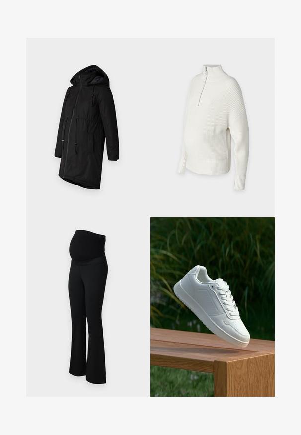 Sort isoleret parka med hætte, frontlys lukning, snøreliv og sidelommer. Glat tekstur med mat finish.; Hvid, strikket sweater med høj krave, halvlukning og ribbede manchetter. Designet med en løs pasform og sideåbninger for ekstra komfort.; ONLY MATERNITY OLMPAIGE - Bukser - black; Hvid sneaker med en glat syntetisk overdel, perforeret tåboks, flade snørebånd og en tekstureret sål, præsenteret på en træoverflade.