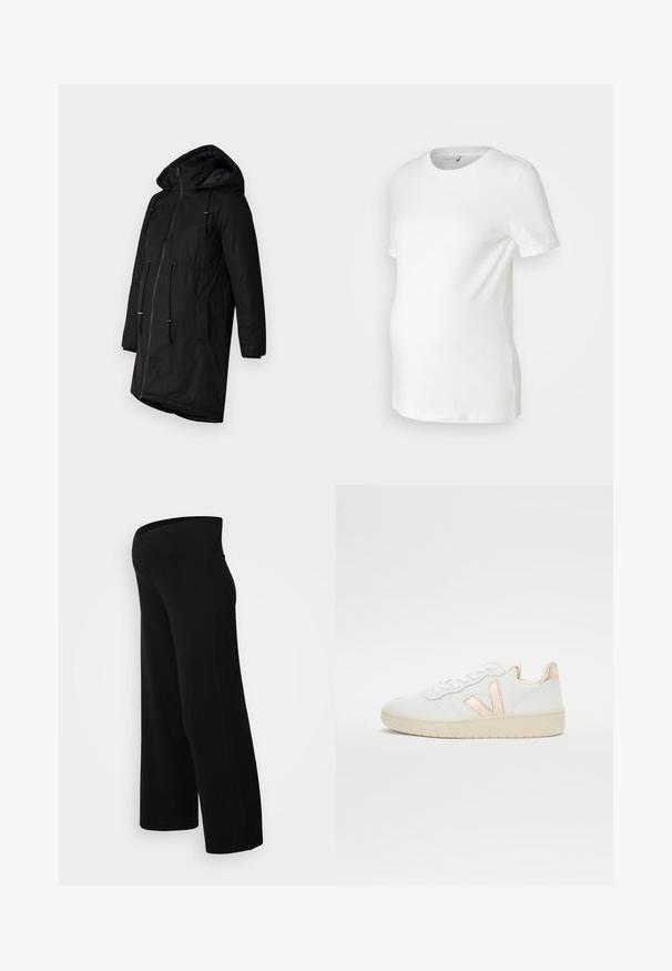 Zwarte geïsoleerde parka met een capuchon, ritssluiting aan de voorkant, koord in de taille en zijzakken. Gladde textuur met matte afwerking.; Witte zwangerschap t-shirt gemaakt van zachte katoen, met korte mouwen, een ronde halslijn en een aansluitend ontwerp dat rekening houdt met een groeiende buik.; Zwarte zwangerschapsbroek met wijd uitlopende pijpen en een hoge tailleband, vervaardigd uit zachte, rekbare stof. Kenmerkend zijn de relaxte pasvorm en de gladde textuur.; Witte lage sneakers van leer met geperforeerde textuur, met metallic roségouden accenten aan de zijkant en achterkant. Rubberen zool.