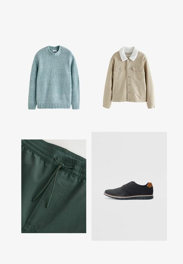 Bežinis džinsinis švarkas su baltu dirbtinio avikailio apykakle, dviem krūtinės kišenėmis ir šonine kišene, su sidabriniais snapeliais ir laisvu siluetu.; Svaigiai mėlynas megztinis su apvalia iškirpte, įpjovomis rankovėmis ir apvadu. Pagamintas iš tekstūruotos siūlų, su jaukia dizaino, tinkančia kasdieniam dėvėjimui.; Tamsiai žali elastiniai šortai su juostos virve, lygaus paviršiaus tekstūra ir matomomis siuvimo detalėmis. Paprastas, funkcinis dizainas.; Juodi sintetiniai batai su tekstūruotu paviršiumi, lygiomis detalėmis, ruda kulna ir kontrastingu padu. Yra minimalus raištelių užsidėjimas ir siuvimo detalės.