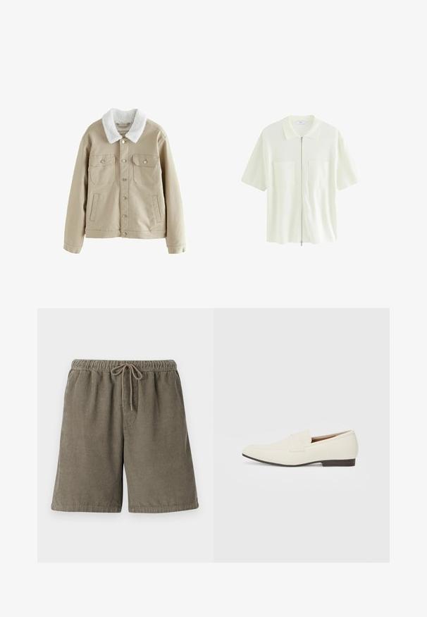 Beez denimjakk valgete kunstkarvade krae, kahe rinna-tasku ja küljetaskuga, hõbedaste nööbikliipidega ja mugava lõikega.; Lühikeste varrukate ja valge lukuga pluus, mis on valmistatud tekstureeritud kangast. Pluusil on kraega kaelus ning kaks eesmist taskut ruudukujuliste klappidega.; Kübara roheline puuvillane korduroy lühike püks, millel on tekstureeritud vertikaalsed triibud, elastne vöökoht ja reguleeritav nöör mugavuse tagamiseks.; Heledadbeez loafers, millelise lõpp, sile materjal, rihm üle vampi ja madal pruun talla. Lihtne disain minimaalse aktsentidega.