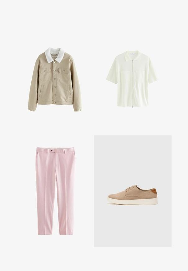 Beige Jeansjacke mit einem weißen Kunstfellkragen, zwei Brusttaschen und einer Seitentasche, ausgestattet mit silbernen Druckknöpfen und einer lockeren Passform.; Kurzärmliges, weißes Kapuzenshirt aus strukturiertem Stoff mit Kragen und zwei Vordertaschen mit quadratischen Klappen.; Next MOTIONFLEX - Anzughose - pink; Beige Wildleder-Sneaker mit runder Zehenpartie, Schnürung und strukturiertem Rückenteil. Die weiße Gummisohle sorgt für einen Kontrast. Einfaches und modernes Design.