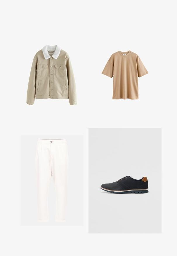 Beige Jeansjacke mit einem weißen Kunstfellkragen, zwei Brusttaschen und einer Seitentasche, ausgestattet mit silbernen Druckknöpfen und einer lockeren Passform.; Beige T-Shirt aus Baumwolle mit kurzen Ärmeln, rundem Ausschnitt und lässiger Passform. Der Stoff hat eine glatte Textur und keine Muster oder Akzente.; Weiße Baumwollhosen mit lockerer Passform, ausgestattet mit einem vorderen Knopfverschluss, zwei Seitentaschen und umgeschlagenen Bündchen. Glatte Textur und klare Linien.; Schwarze synthetische Schuhe mit einer strukturierten Oberseite, glatten Akzenten, braunem Absatz und einer kontrastierenden Sohle. Verfügt über minimale Schnürung und Nähdetails.