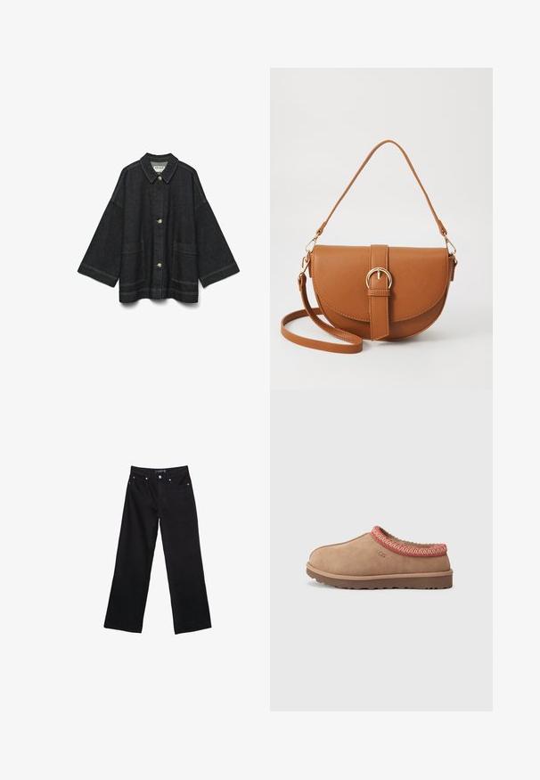 Temno moder usnjeni jopič s ovratnikom, velikimi sprednjimi žepi in srebrnimi gumbi. Ohlapen kroj s širokimi rokavi in kontrastnimi šivi.; Bela kratka majica s kratkimi rokavi in okroglim izrezom, sproščenega kroja, narejena iz mehkega materiala. Brez vzorcev ali dodatkov, z običajnim robom.; Črne široke hlače iz denima z visokim pasom, vidnimi šivi in štirimi žepi. Tkanina ima mehko, gladko teksturo z minimalnim sijajem.; UGG TASMAN II - Natikači - rocky oak; Rjava usnjena torbica prek telesa s ukrivljeno obliko, zlate opreme in sponko. Ima odstranljiv naramni trak.