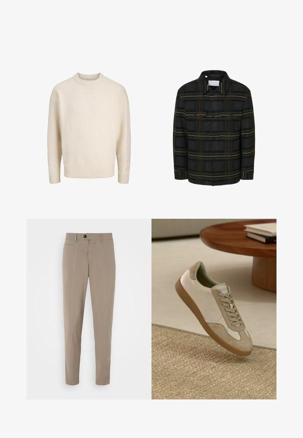 Črna in zelena karirana flanelasta jakna z dvema žepoma na prsih, gumbnim zapiranjem in klasičnim ovratnikom. Mehka, teksturirana tkanina.; Krema bombažno-umikano pulover z rebrastim okroglim izrezom, spuščenimi rameni ter rebrastimi manšetami in robom. Mehak material z udobnim krojem.; Bež hlače z ozkim krojem, z zadrgo in sprednjim žepom. Narejene so iz gladkega materiala z ostrim videzom.; Lahki športni copat z belim usnjenim zgornjim delom in bež semiš poudarki, okroglo nosnico ter teksturiranim rjavim gumijastim podplatom.