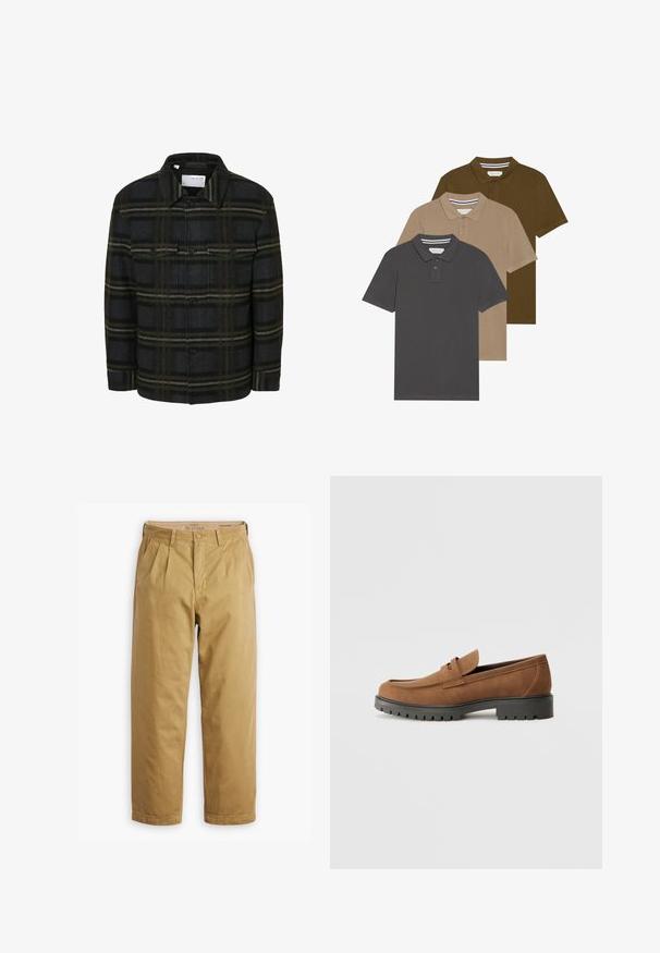 Giacca di flanella a quadri neri e verdi con due tasche sul petto, chiusura a bottoni e un design con colletto classico. Tessuto morbido e testurizzato.; Tre polo shirt impilate verticalmente: grigio scuro, beige e verde oliva. Maniche corte, colli con bottoni a due, materiale in cotone.; Levi's® XX CHINO LOOSE STRAIGHT PLEATED PANTS - Chino - british khaki soft gd; Mocassini in suede marrone con punta arrotondata e una bassa suola in gomma nera, caratterizzati da una fascia decorativa e dettagli di cucitura sulla tomaia.