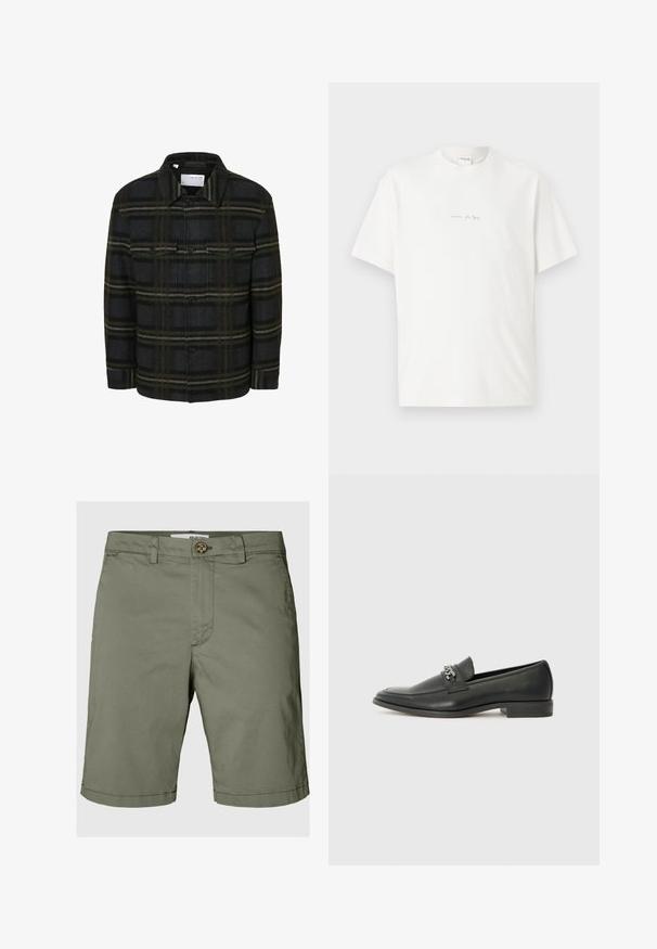 Svart och grön rutigt flanelljacka med två bröstfickor, knäppning och en klassisk kragsdesign. Mjuk, texturerad tyg.; Vitt bomullströja med rund halsringning, korta ärmar och en liten tryckt logotyp på framsidan. Slät textur och avslappnad passform.; Olivgröna shorts i bomull, med knäppning, bälteshällor och rak skärning med vikta fållar.; Svart läderloafers med en slät yta, med en sydd design och en dekorativ metallkedjeaccent över västen. Platt häldesign.