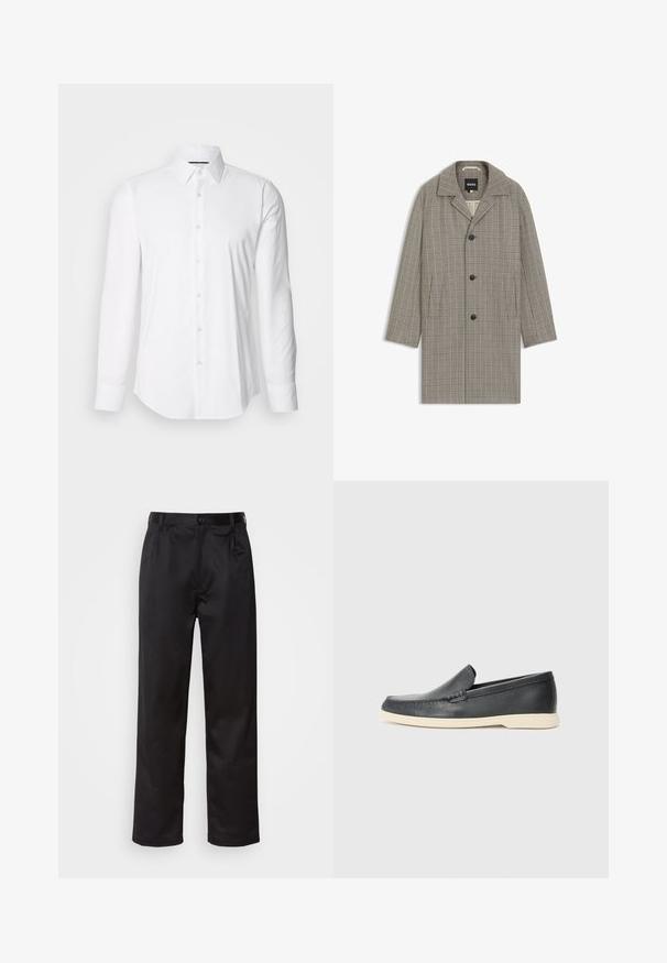 Pilkai ir rudai margintas paltas su išlinktu apykakle, trimis mygtukais ir šoninėmis kišenėmis. Medžiaga atrodo lygi su struktūrizuotu dizainu.; Balta ilgomis rankovėmis marškiniai, pagaminti iš lygaus audinio, su klasikine apykakle ir sagų priekine dalimi, turinčia išlenktą apačią. Sagos yra subtiliai blizgios.; Juodi kelniukai, pagaminti iš lygaus audinio, su užsegimu priekyje, raukšlėmis ir tiesiomis kojomis. Nėra matomų raštų ar akcentų.; Juodi odiniai batus be raištelių, turintys tekstūruotą paviršių ir kontrastingą smėlio spalvos gumos padai. Yra subtilus akcentas priekyje.