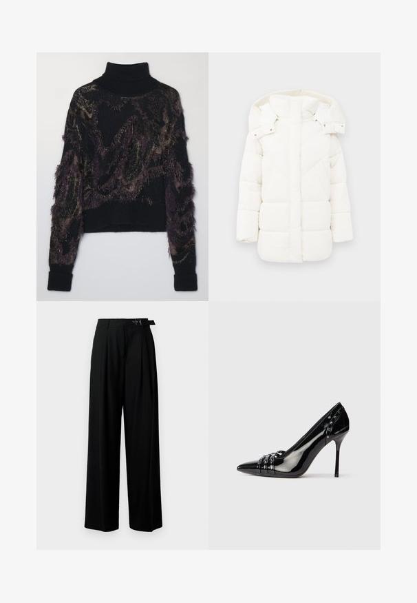 White puffer jacket with a hood, featuring a textured lining and geometric stitching. Boxy shape and mid-length design enhance warmth.; Black turtleneck sweater featuring a textured pattern in dark purple and gold, with fringe accents and ribbed cuffs and hem.; Black wide-leg trousers with a high waist, pleats at the front, and a belt featuring a buckle. Made from smooth, lightweight fabric.; Black patent leather stiletto heel shoe with pointed toe, three decorative straps with studs, and "Karl Lagerfeld" branding on heel.