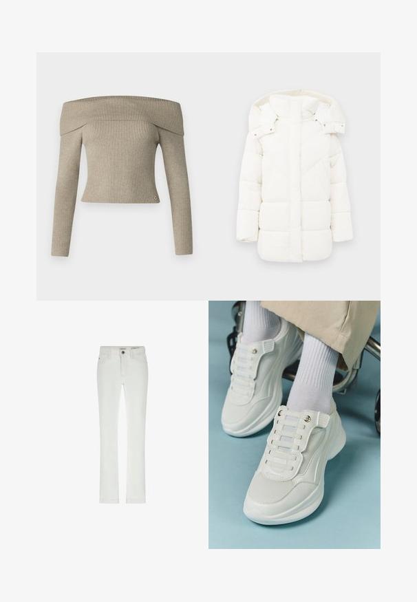 Fehér puffaszerű dzseki kapucnival, textúrált béléssel és geometrikus varrással. A dobozos forma és a közepes hosszúságú dizájn fokozza a meleget.; Bordás, világosbarna, vállnélküli pulóver hosszú ujjakkal és formázott szabással. Kicsi logó díszítés található az alján.; Fehér, slim fit farmernadrág, 5 zsebes dizájnnal és kontrasztos varrásokkal. Gombbal záródik, és diszkrét márkajelzés található a derékszíjban.; Fehér sportcipők, amelyek hálós anyagból készültek, gumitalpúak, fűző nélküli kialakítással, rugalmas pántokkal és arany színű kiegészítőkkel rendelkeznek.
