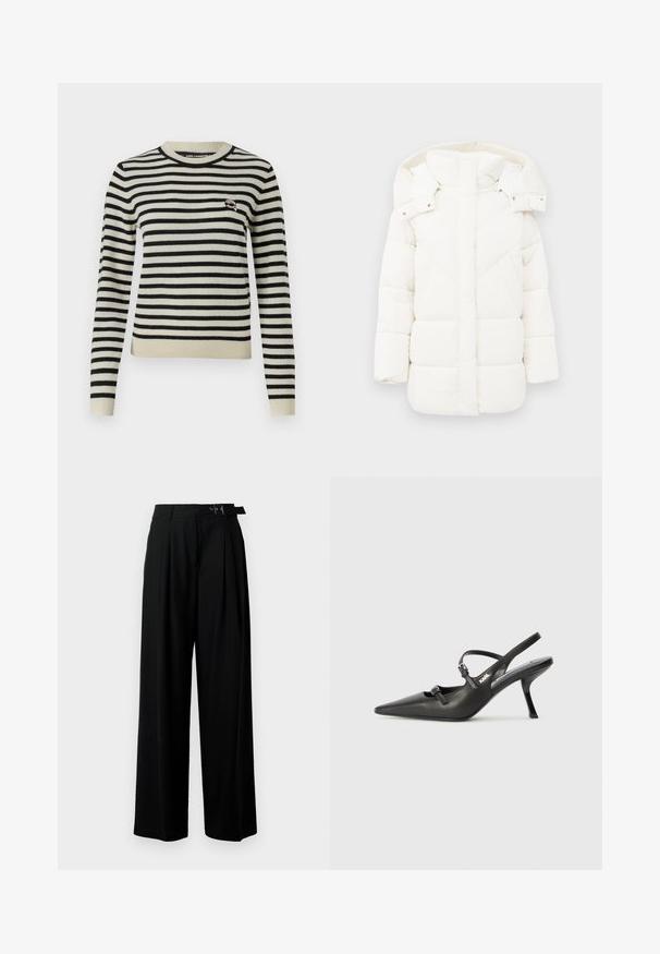 Hvit pufferjakke med hette, med teksturert fôr og geometrisk søm. Boksformet som gir ekstra varme med en middels lang design.; Stripet genser i krem og svart, ribbet rund hals, lange ermer, tettsittende design, har et lite logo-patch på brystet.; Svarte vide bukser med høy livlinje, folder foran og belte med spenne. Laget av glatt, lett materiale.; Sorte skinn slingback-hæler med spiss tå, slank hæl og dekorativ spenne detalj på vampsiden. Glatt tekstur og stilrent design.
