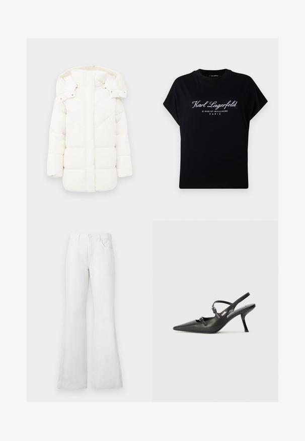 Doudoune blanche avec capuche, présentant une doublure texturée et des coutures géométriques. Sa forme carrée et son design mi-long renforcent la chaleur.; T-shirt noir oversize en coton. Il possède des manches courtes et un col rond. Le devant affiche un texte blanc : "Karl Lagerfeld 21 RUE ST-GUILLAUME PARIS."; Jean en denim blanc évasés avec une taille haute, dotés de poches avant, passants de ceinture et une fermeture à bouton classique. Texture lisse, design décontracté.; Talons slingback en cuir noir avec un bout pointu, un talon fin et un détail de boucle décorative sur le vamp. Texture lisse et design épuré.