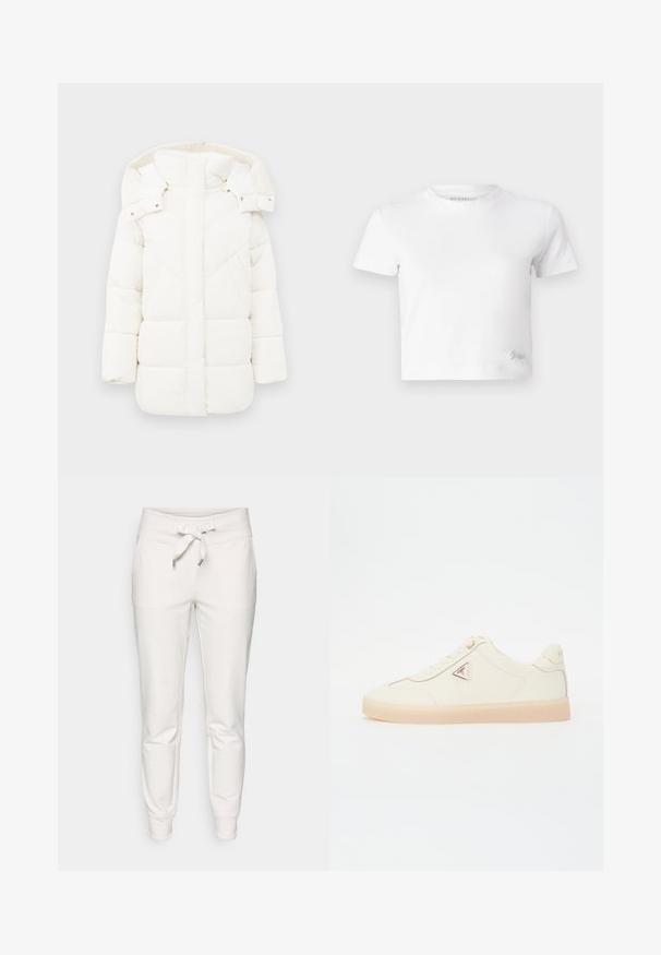 Biała kurtka puchowa z kapturem, posiadająca teksturowaną podszewkę i geometryczne przeszycia. Prosty kształt i średnia długość zwiększają ciepło.; Biała krótka koszulka wykonana z gładkiej bawełny, z wysokim dekoltem i krótkimi rękawami. Mała haftowana naszywka w dolnym rogu.; Białe spodnie dresowe wykonane z miękkiej tkaniny, z elastycznym paskiem na sznurki w talii, mankietami oraz dwiema bocznymi kieszeniami dla wygody.; Sneakersy ze skóry w kolorze kremowym, z okrągłym noskiem, płaską podeszwą, tonowym przeszyciem, sznurowaniem oraz akcentem w postaci logo po boku.