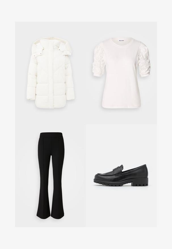 Bijela zimska jakna s kapuljačom, koja ima teksturiranu podlogu i geometrijsko šivnje. Kutni oblik i srednja dužina povećavaju toplinu.; Bijela majica s kratkim, naboranim rukavima od čipke. Okrugli izrez, mekana tekstura i malo širi kroj. Oznaka branda vidljiva unutra.; Crne raširene hlače izrađene od rastezljivog materijala s glatkom teksturom, s detaljima šava uz prednju stranu koji dodaju dizajnerski efekt.; Crne kožne loferice s okruglim vrhom, šavnim detaljem i debelim gumenim đonom s vidljivim uzorkom. Glatka površina.