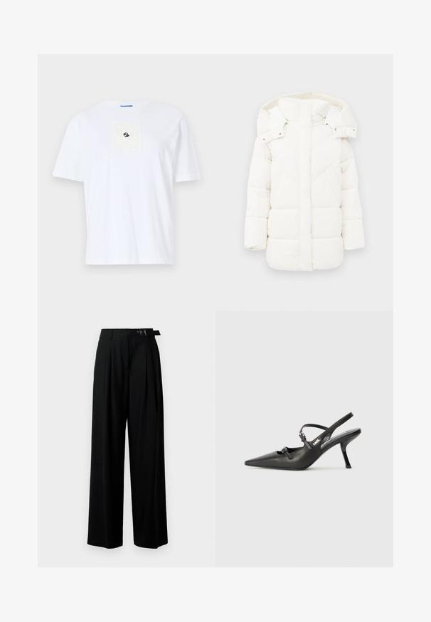Valge puffer-jakk kapuutsiga, millel on tekstuuriga vooder ja geomeetrilised õmblused. Kastikujuline kuju ja keskmise pikkusega disain suurendavad soojust.; Valge puuvillane t-särk, millel on rinnal ruudukujuline tekstuurigaplaat ja musta logo detailid. Ümar kaelus ja lühikesed varrukad.; Mustad kõrge vöökohaga mustad laiad püksid, millel on ees voldid ja vöö, millel on pandla. Valmistatud siledast ja kergest kangast.; Must musta slingback kontsad, terava nina, peenike konts ja dekoratiivne pandla detail peal. Sile tekstuur ja stiilne disain.