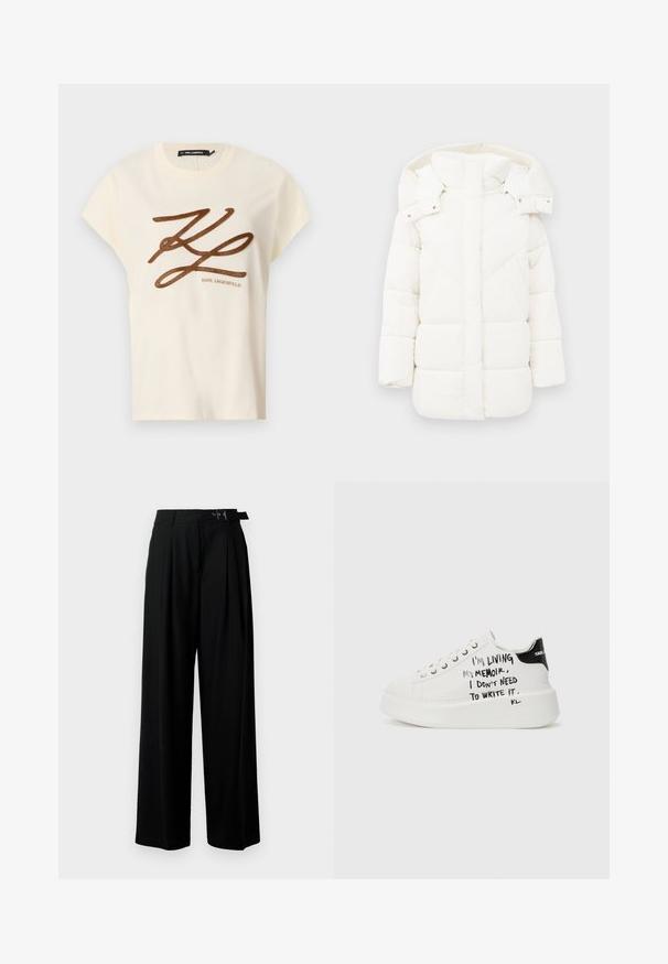 Hvit pufferjakke med hette, med teksturert fôr og geometrisk søm. Boksformet som gir ekstra varme med en middels lang design.; Kremfarget bomull T-skjorte med korte ermer, med en brun brodert logo og skriftdesign på fronten.; Svarte vide bukser med høy livlinje, folder foran og belte med spenne. Laget av glatt, lett materiale.; Hvite plattform sneakers med svarte detaljer, med en teksturert såle og håndskrevet tekst på sidene. Glatt lærmateriale.