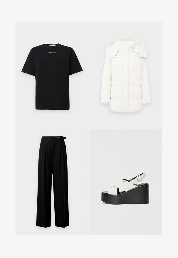 Witte pufferjack met een capuchon, met een gestructureerde voering en geometrische stiksels. De boxy pasvorm en het middellange ontwerp verhogen de warmte.; Zwart T-shirt met korte mouwen van katoen, met een ronde hals en twee kleine witte logo's in het midden van de voorkant. Glad textuur.; Zwarte wijde broek met hoge taille, plooien aan de voorkant en een riem met een gesp. Gemaakt van glad, lichtgewicht stof.; Witte platform sandalen met een zwarte basis, voorzien van een gekruist bandontwerp en een verstelbare enkelgesp. Gladde textuur, moderne vorm.