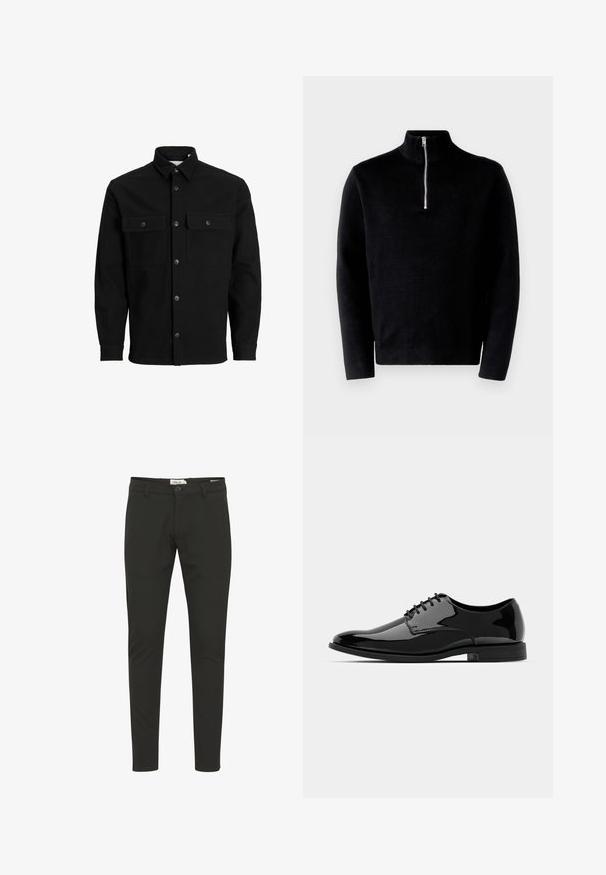 Black jacket made of textured fabric, featuring a button-up front, pointed collar, and two chest pockets with flaps.; Black pullover sweater with a high collar and half zipper. Made of ribbed fabric, it features long sleeves and a smooth texture.; Black slim-fit trousers made from smooth fabric with a button closure, belt loops, front pockets, and a clean, minimal design.; Black patent leather dress shoe with a rounded toe, lace-up design, and smooth, shiny surface. Features a low-profile rubber sole.