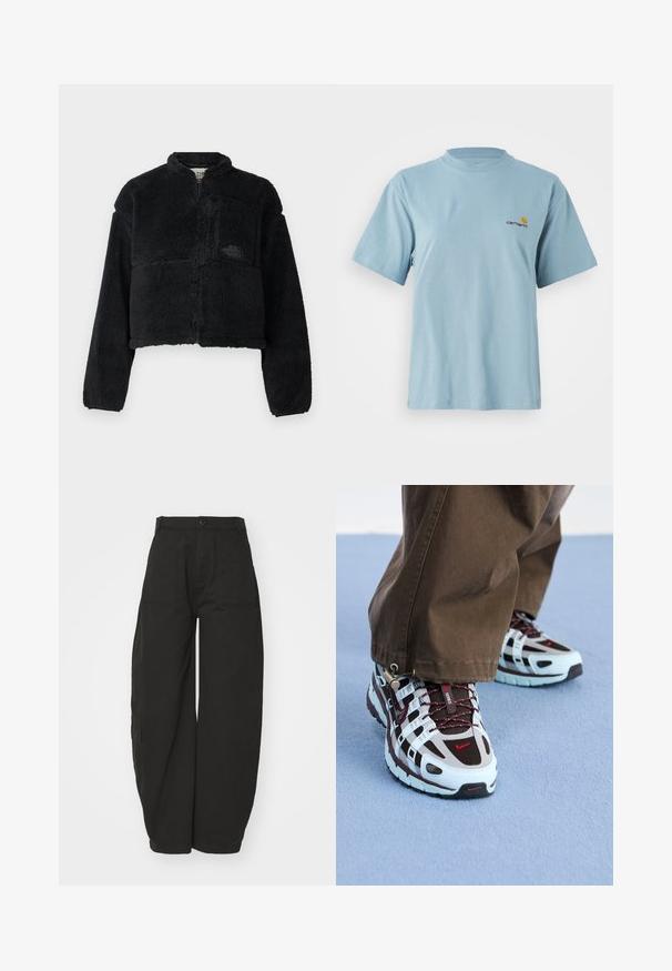 Fekete gyapjú dzseki magas gallérral, rövidített fazonnal, hosszú ujjakkal, elülső zsebbel és struktúrált anyaggal. A mellrészen logó található.; Világoskék, rövid ujjú pamut póló kerek nyakkal és apró sárga és piros Carhartt logóval a bal mellen.; Széles szárú fekete nadrág, pamutból készült, magasított derékkal, elől gombos záródással és oldalsó zsebekkel a funkcionalitás érdekében.; Nike sportcipők világoskék és barna színkombinációval, hálós és gumi anyagból, kontrasztos piros részletekkel és texturált talppal.