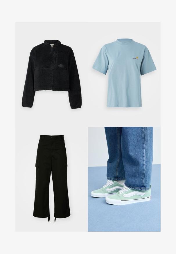 Black fleece jacket with a high collar, cropped design, long sleeves, front pocket, and textured fabric. Features a logo on the chest.; Light blue short-sleeve cotton t-shirt with round neck and small yellow and red Carhartt logo on left chest.; Black cargo pants made from cotton, featuring wide legs, side pockets, and drawstring hems. The design includes a button closure at the waist.; Person wearing light green and white sneakers with white laces and blue jeans standing on a light blue floor.