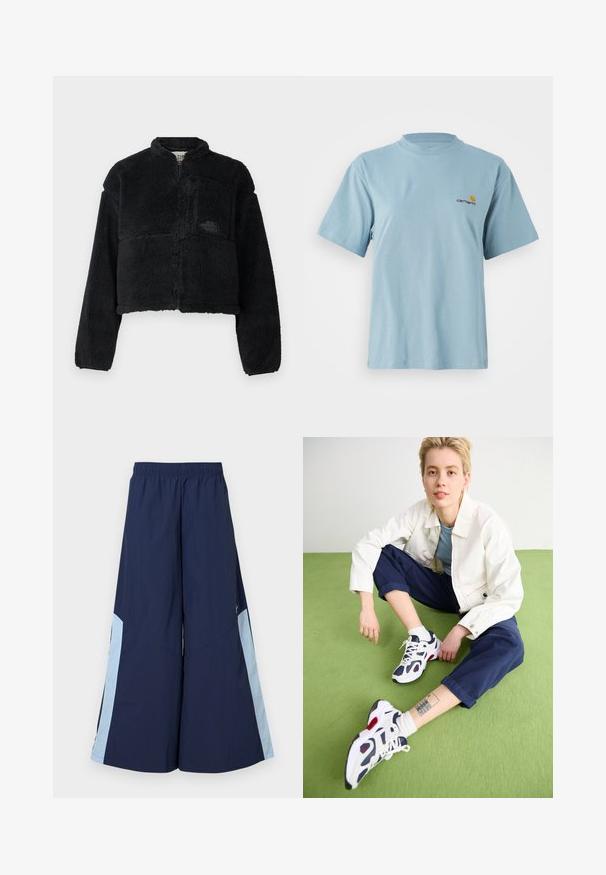 Čierna fleecová bunda s vysokým golierom, skráteným strihom, dlhými rukávmi, prednou vreckom a textúrovanou tkaninou. Obsahuje logo na hrudi.; Svetlomodré tričko s krátkym rukávom z bavlny s okrúhlym výstrihom a malým žltým a červeným logom Carhartt na ľavej hrudi.; Námornícke široké nohavice s elastickým pásom, so svetlomodrými bočnými panelmi a hladkou textúrou. Navrhnuté pre pohodlie a ľahký pohyb.; Biele tenisky s námorníckymi akcentmi a červenými detailami, spárované s námorníckymi krátkymi nohavicami a bielou bundou na zelenom povrchu.