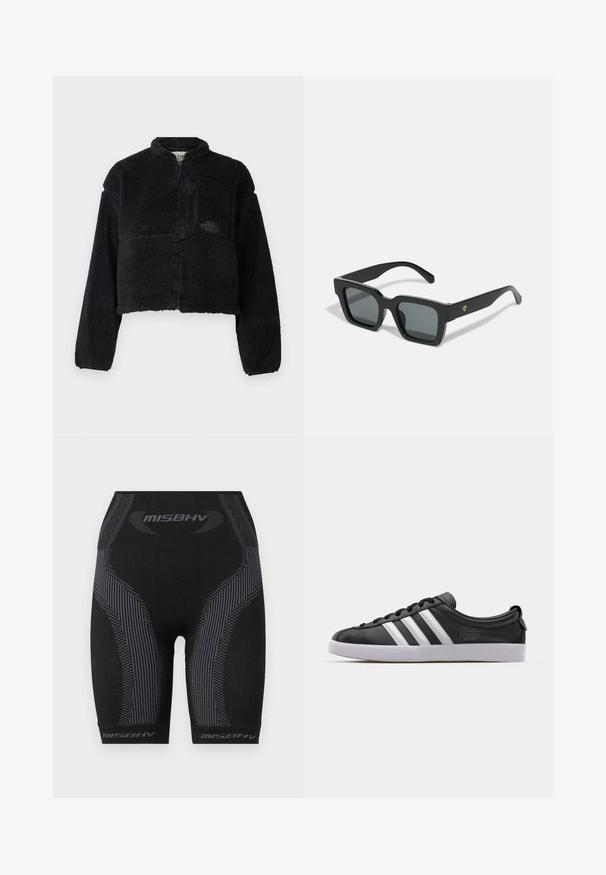 Črna flis jakna z visokim ovratnikom, krajšim dizajnom, dolgimi rokavi, sprednjo žepom in teksturirano tkanino. Vsebuje logo na prsih.; Dva dolgoročna majici s dolgimi rokavi: ena črna in ena bela. Obe imata okrogel ovratnik in gladko, rebrasto teksturo. Logotip blagovne znamke je viden znotraj ovratnika.; Črne atletske kratke hlače z oprijetim dizajnom, teksturirano tkanino, navpičnimi sivimi črtami in logotipom "MISBHV" na robu.; Črne usnjene športe z belim trakom s tremi črtami, zaobljenim nosom, ravnim belim gumijastim podplatom in blagovno znamko na strani.; CHPO MAX UNISEX - Sončna očala - black